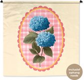 Wandkleed 150x150 cm - Wanddoek Bloemen - Blauw - Lijst - Bladeren - Wandtapijt - Wandkleden