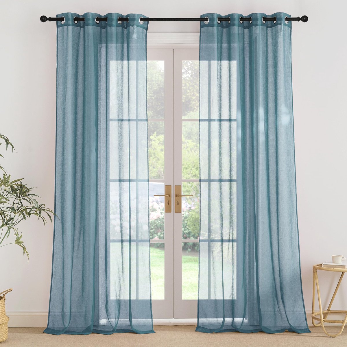 Ibenzoa Lichte en Transparante Linnenlook Gordijnen Set van 2 voor Woonkamer en Slaapkamer blauw