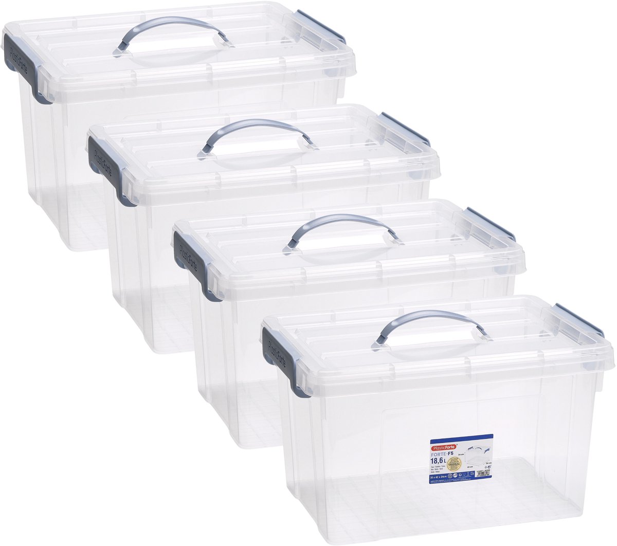 PLASTICFORTE Opslagbox AZUL serie - 4x - met deksel - transparant - 18.5 liter - 42 x 30 x 24 cm - kunststof - opbergdoos - opbergen
