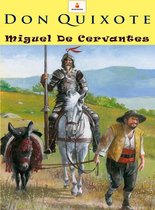 Don Quixote en Sancho Panza te paard en op een ezel, met in de verte een landschap.