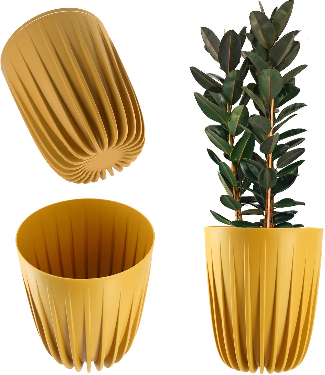 KADAX Bloempot van kunststof, moderne plantenpotten, plantenpot met geometrisch patroon, ronde bloempot met inzetstuk, natuurlijke outdoor bloempot, hoge bloempot (diameter 19 cm, donkergeel)
