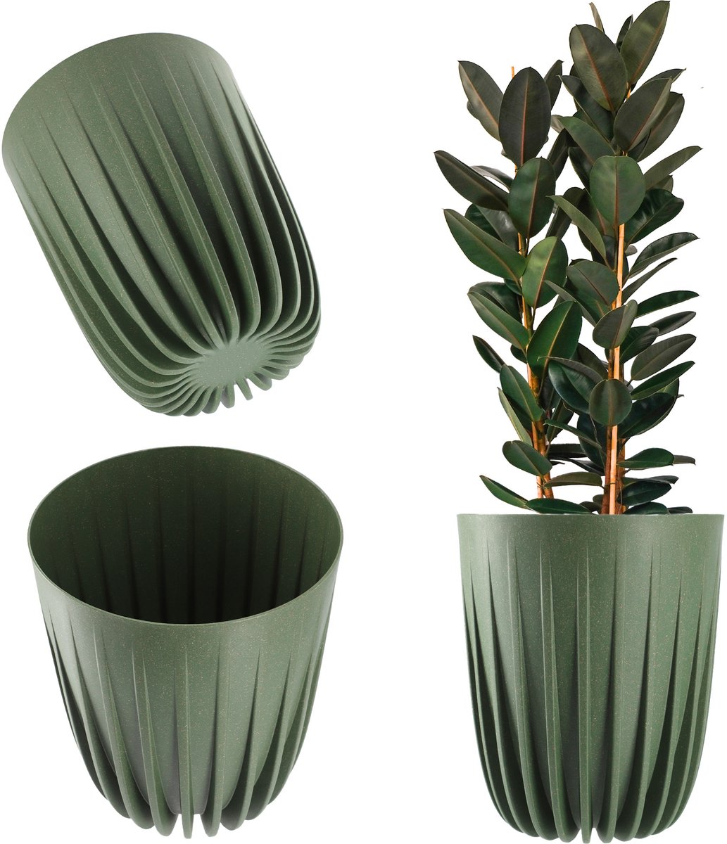 KADAX Bloempot van kunststof met natuurlijke materialen, moderne plantenpotten, plantenpot met geometrisch patroon, ronde bloempot met inzetstuk, natuurlijke bloempot, hoge bloempot (diameter 19 cm,