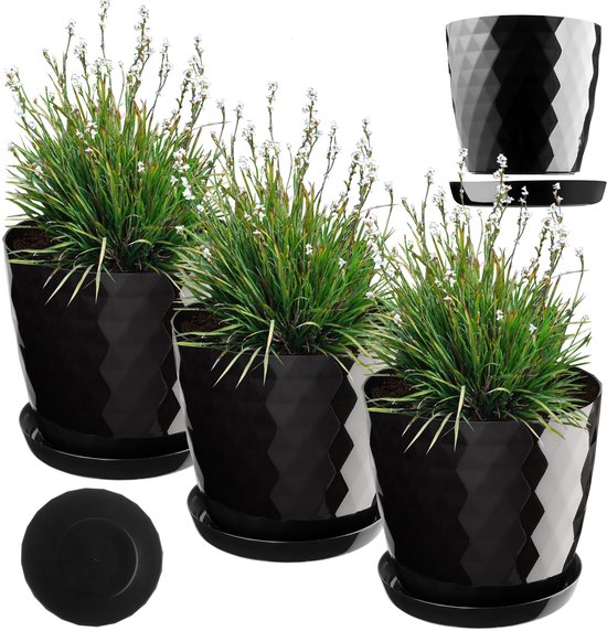 Foto: Kadax bloempot kunststof pannenset met onderzetter plantenbak van licht materiaal decoratieve kruidenpot pot voor bloemen planten cactus en vetplanten set van 3 18 cm zwart 