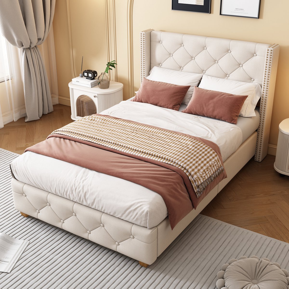 Gutent Gestoffeerd bed-90*200 cm-met lattenbodem-knoopstoffering-houten poten-linnen-Beige-Geen matras