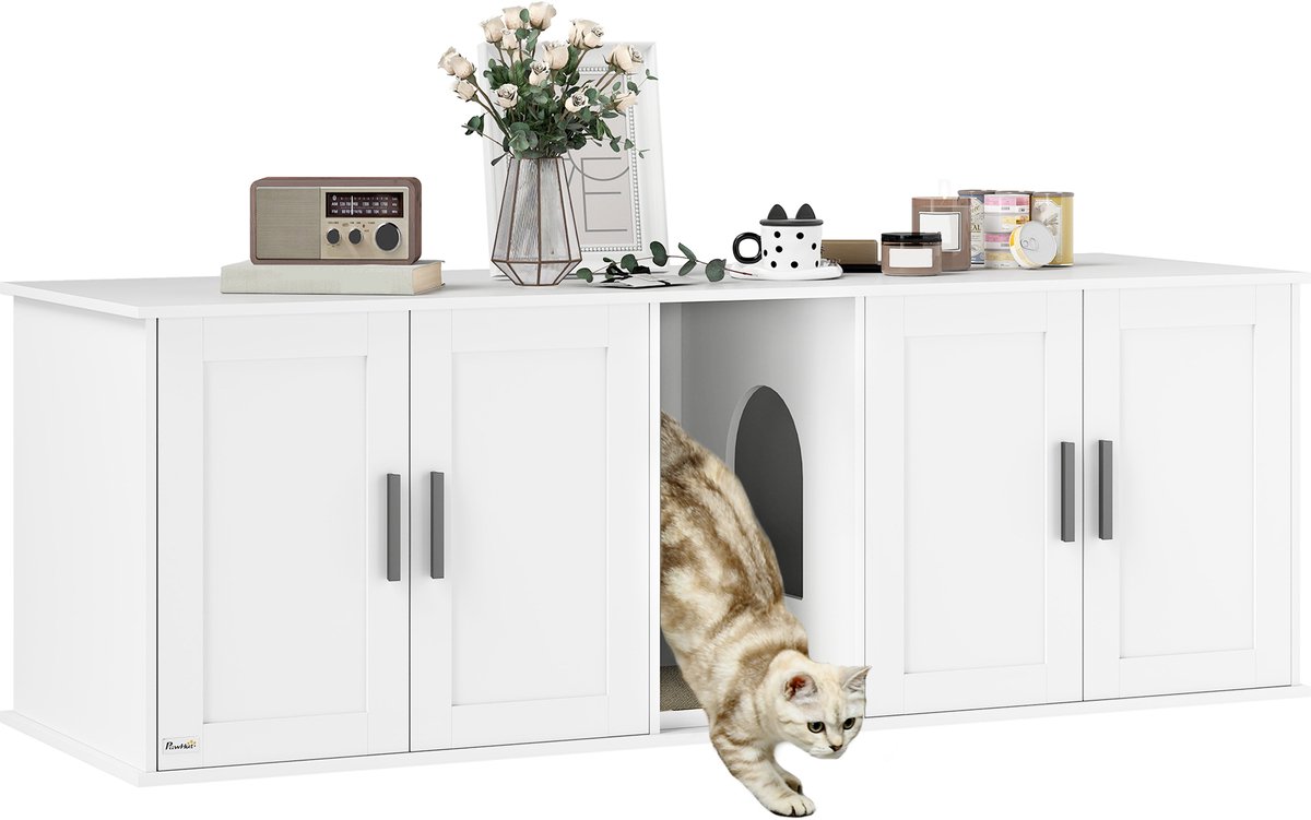 PawHut Katzenklo-Schrank Katzenhaus mit Tür Trennwand Katzentoilette Katzenschrank für große Katzen Beistelltisch Katzenhöhle 145 x 49 x 51 cm Weiß
