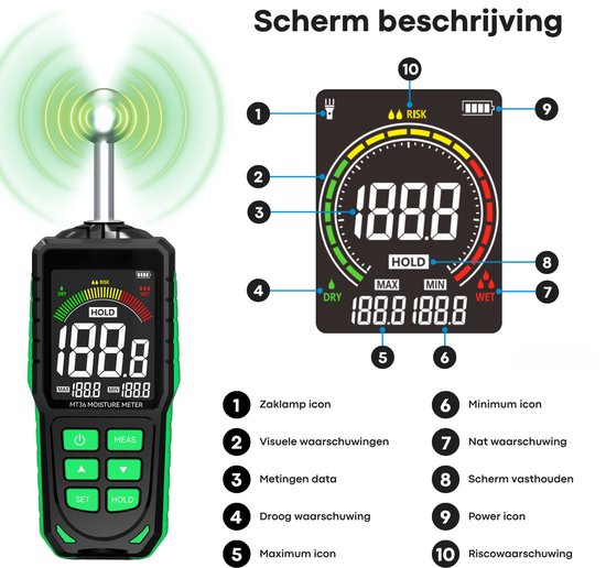Membeli Vochtmeter - Contactloos & Oplaadbaar - Hout & Muren - met LED lamp – Digitale Vochtigheidsmeter Voor Bouwmaterialen – Naaldloze Vochtmeter