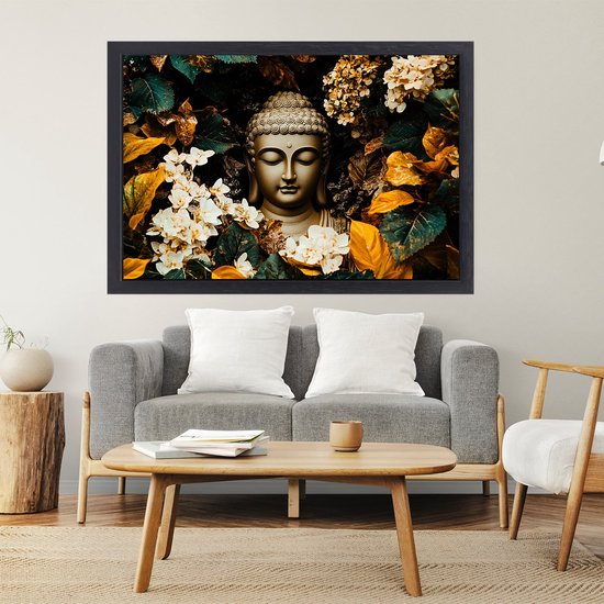 Bouddha avec décoration florale - Peintures sur toile Bouddha - Décoration murale sur toile religion - Mouvement artistique réalisme - Art sur toile encadrée - Accessoires de maison - Toile avec châssis flottant 70x50 cm