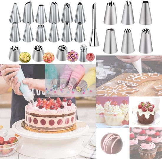 CukkiCakes Decoratiemondstukken voor gebak - Decoratieset voor cupcakes en taarten (55 stuks): 30 Mondstukken 20 Wegwerpspuitzakken Herbruikbare siliconen spuitzak 3 Adapters Accessoires