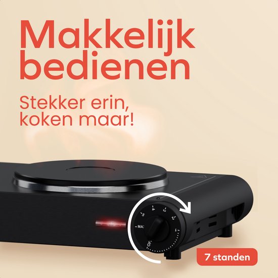 Zwarte elektrische dubbele kookplaat met "Makkelijk bedienen" en "7 standen" in tekst.