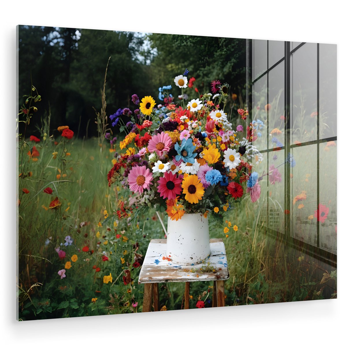 MuchoWow® Glasschilderij 80x60 cm - Schilderij acrylglas - Bloemen - Krukje - Gieter - Vel
