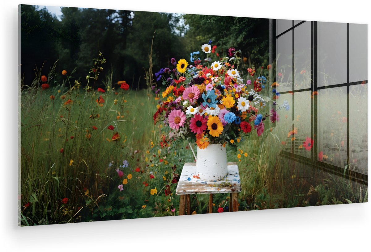 MuchoWow® Glasschilderij 80x40 cm - Schilderij acrylglas - Bloemen - Krukje - Gieter - Vel