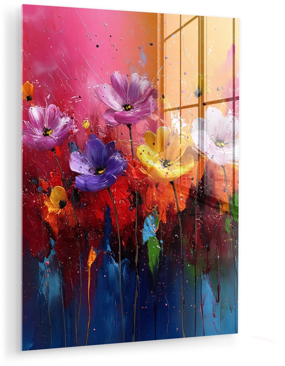 MuchoWow® Glasschilderij 90x120 cm - Schilderij acrylglas - Fantasiebloemen - Verf - Speels - Foto op glas - Muurdecoratie woonkamer - Wanddecoratie slaapkamer - Schilderijen