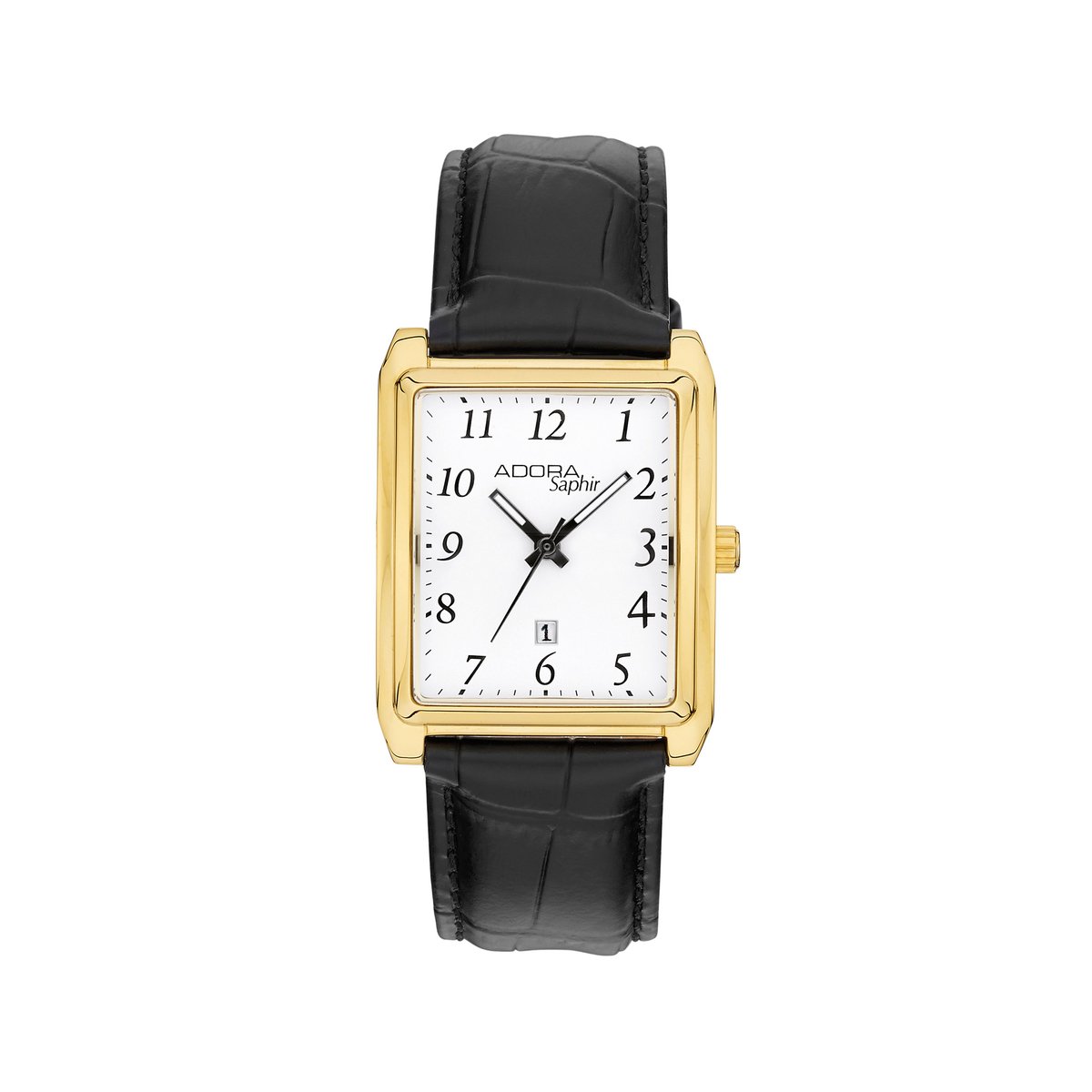 Herenhorloge Adora Saphir - Goudkleurige kast, Saffierglas, Zwart leren band, Anti-allergisch staal, Quartz - AS4725