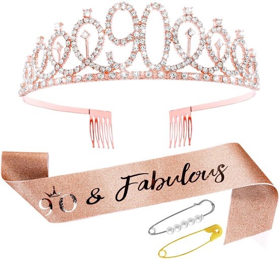 Verjaardagskroon en sjerp, roségouden tiara set en sjerp voor vrouwen