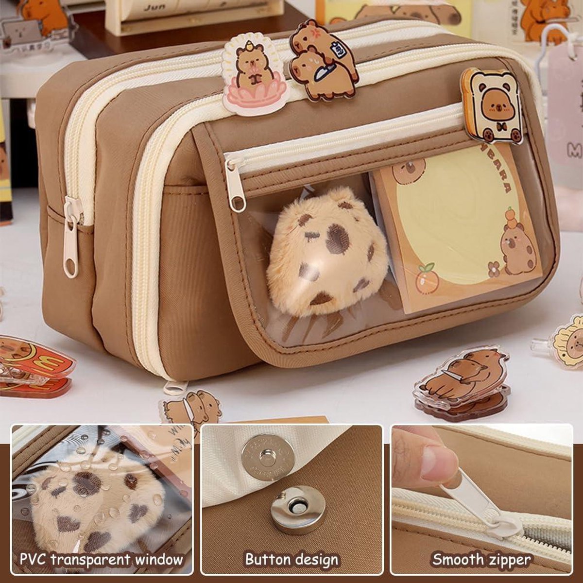 Shaersu Capybara pennenetui, schattig etui met vakken, grote capaciteit, pennenzak organizer, Capybara schoolbenodigdheden voor meisjes, jongens, 1 set., Refer to description, Unisex