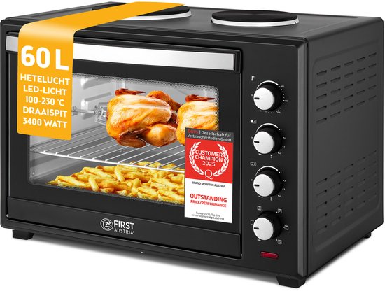 TZS First Austria Mini oven 60L met kookplaten - 3400W - Heteluchtoven - max 230°C - Zwart