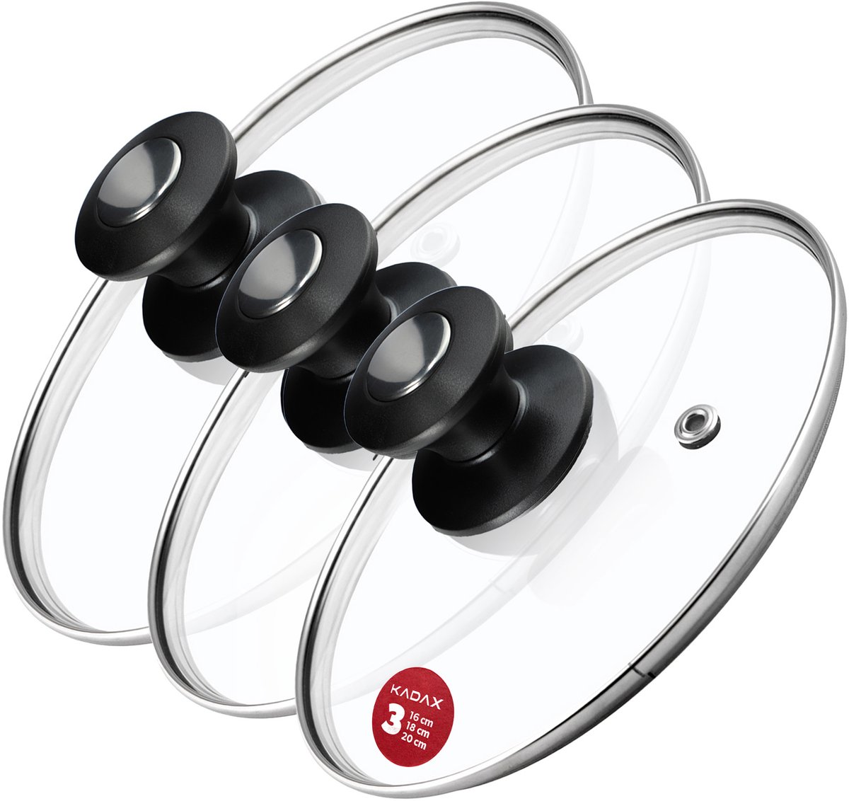 KADAX Pandekselset, universeel deksel van glas met handvat, hittebestendige dekselset in verschillende maten, pannendekselset, glazen deksel voor pot, pan (16 + 18 + 20 cm, zwart en zilver handvat)