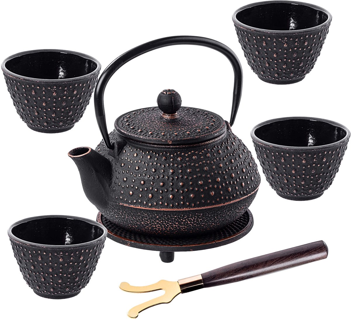 KADAX Gietijzeren ketel met theekopjes, Japans theeservies van gietijzer, traditionele the