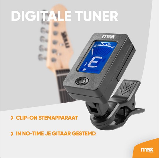 Digitale clip-on tuner op een MAX elektrische gitaar. De tuner toont de noot E.