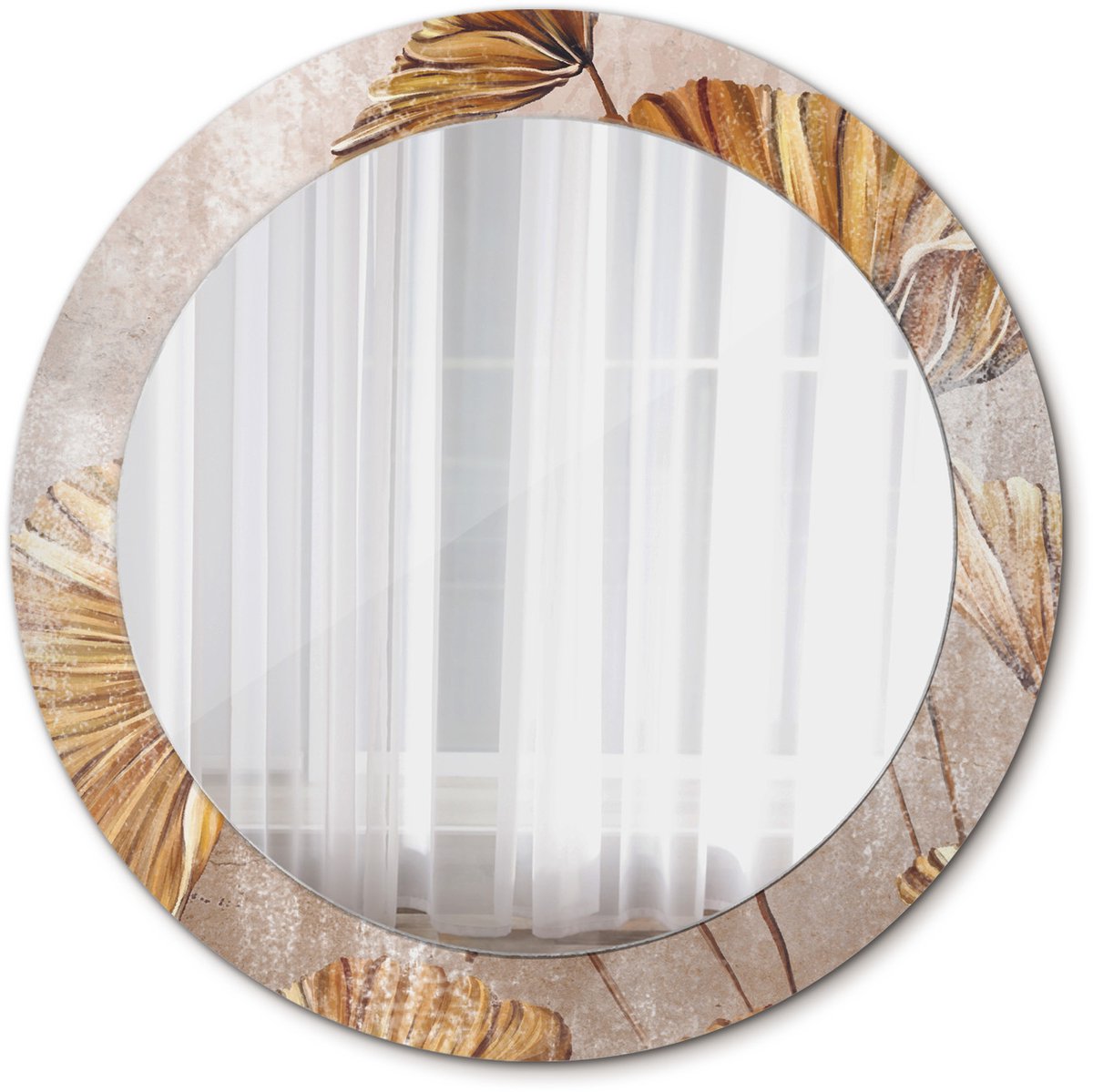 TULUP Spiegel - Ronde vorm Spiegel - op gehard Glas - Boho bladeren - Diameter: 70 cm - Decoratieve spiegel - Woonkamerspiegel - Inloopkastspiegel - Spiegel voor kantoor of studio - Gele - Stijlvol accent - Elegant Spiegel - Ophangsysteem Geel Boho bladeren