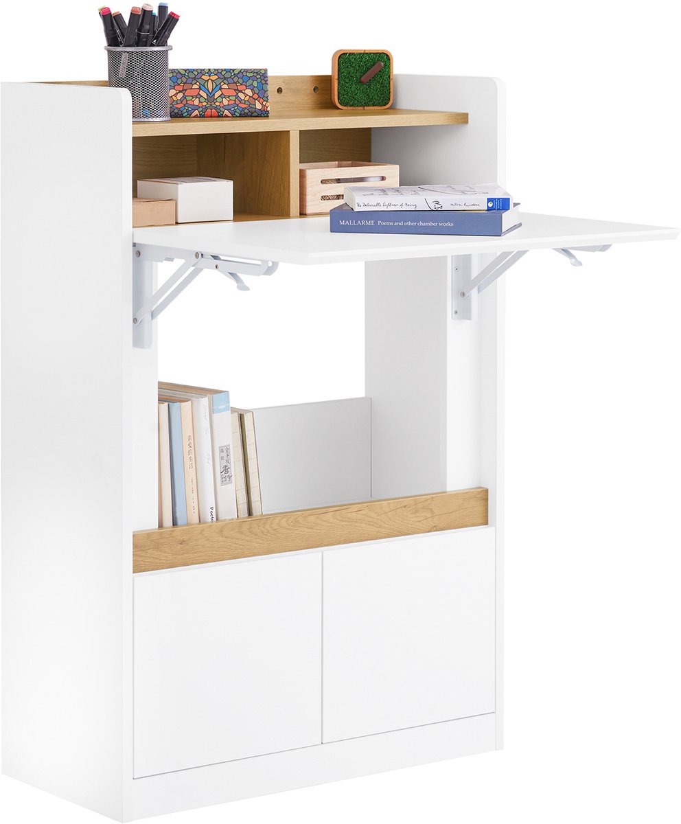 SoBuy FWT109-WN Bureau - Wit Opklapbaar met Planken & Houtcomposiet