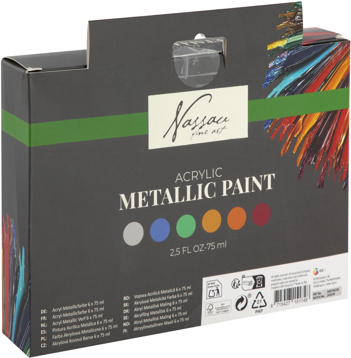 Nassau Fine Art Metallic Acrylverf Set – 6pcs 75ml Tubes – Hoogwaardige Metallic Verf voor Hobby – Dekking op Papier, Canvas, Hout, Steen en Meer — afbeelding 2