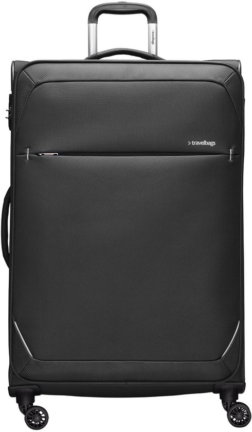 Zwarte koffer met textuur, logo 'travelbags' en reflecterende details.