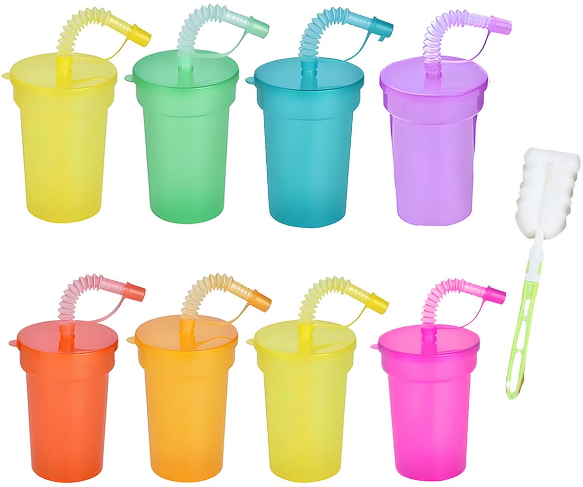 Ibenzoa® Kleurrijke herbruikbare kinderfeestbekers met deksels en rietjes, set van 8 stuks voor feestjes en evenementen