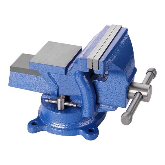 Étau GOLERMO bleu avec une largeur de mâchoire de 125 mm, une base pivotante et une poignée.