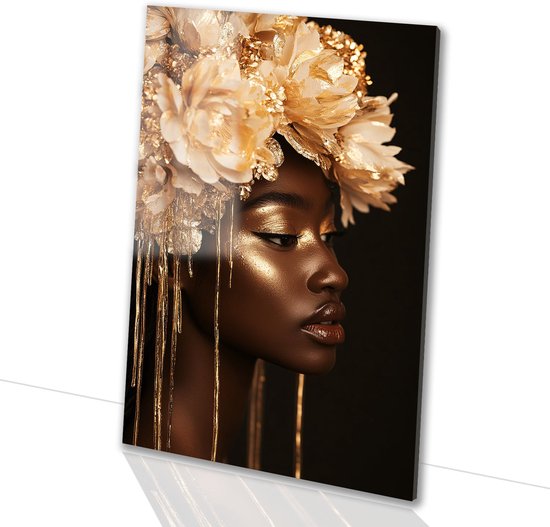 Femme avec couronne de fleurs dorées - Peinture sur verre Élégance - Art mural visage - Hyperréalisme - Art sur plexiglas - Décoration murale chambre - verre acrylique 80x120 cm