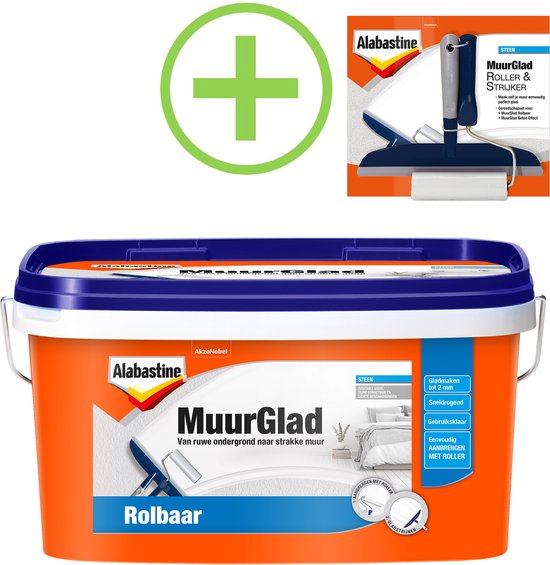Alabastine - Alabastine - Pakket Muurglad Rolbaar - Wit - 10L + set ROLLER & STRIJKER
