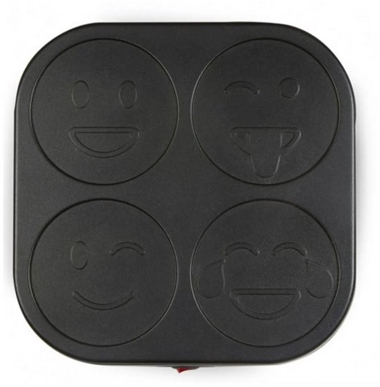 Zwarte Domo pannenkoekenmaker met vier lege, ronde emoji-vormige bakplaten.