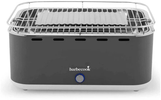 Donkergrijze tafelbarbecue van Barbecook met verchroomd rooster en aan/uit knop.