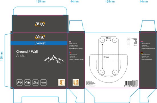 Verpakking van Vinz Everest Ground/Wall Anchor met bergprint en maatschets.