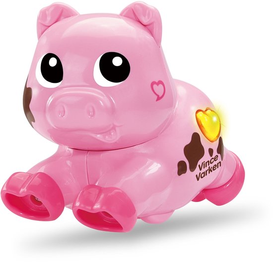 Roze varkentje met bruine vlekken. Heeft een hartje en 'Vince Varken' op de zijkant.