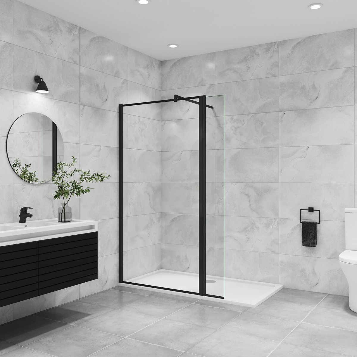 Inloopdouche-douchewand 90+30x195cm,8 mm mat zwart kader en raste gehard glas,eenvoudig te reinigen,antikalk,stabilisatiestang 90cm (snijdbaar),mat zwart aluminium profiel.