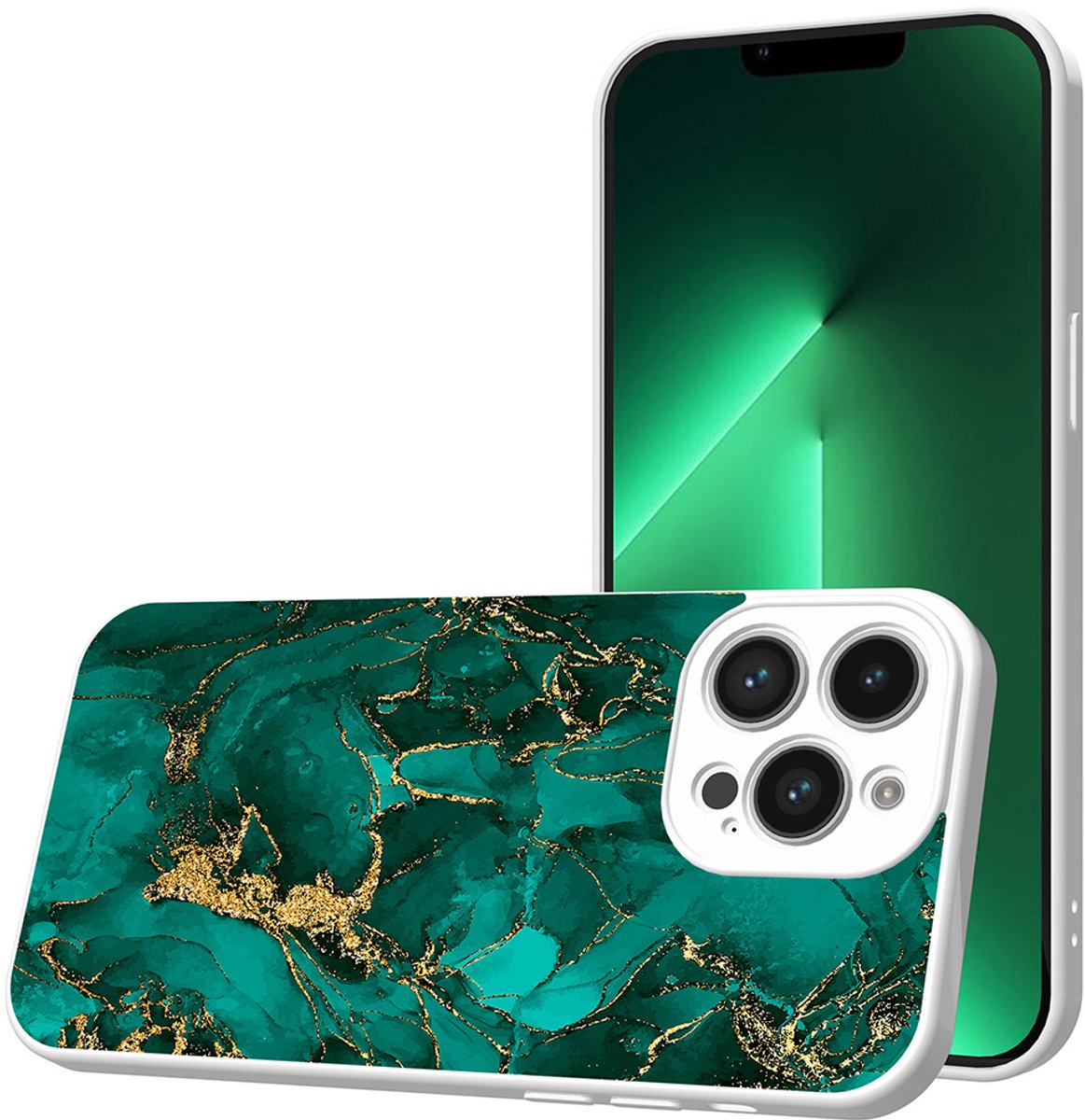 Smartphonica Telefoonhoesje Geschikt voor iPhone 13 Pro met Groen Goud Marmer opdruk - TPU Back Cover Case Green Gold Marble Design - Wit geschikt voor iPhone 13 Pro