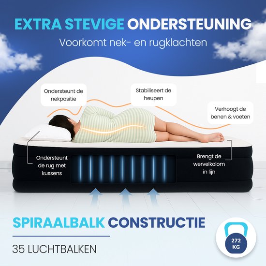 Illustratie van een vrouw die op een FLOAT luchtbed slaapt en de voordelen van de spiraalbalk constructie voor ondersteuning.