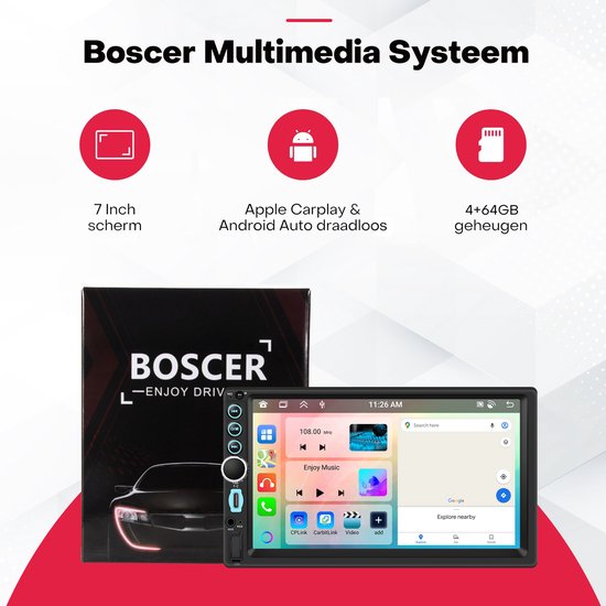 Autoradio Boscer® 2Din Universel - Android 15 - Apple CarPlay et Android Auto (sans fil) - Écran tactile HD 7 pouces - 4+64 Go - Système de navigation GPS - USB, USB-C, Aux, SD, WiFi, Bluetooth - MP5 - Caméra de recul et microphone