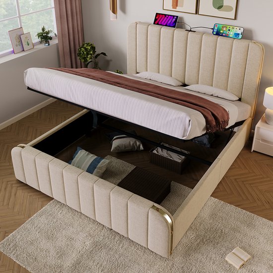 Pugsdrly Opbergbed Dubbel, gestoffeerd hoofdeinde met gouden sierstrepen en USB-type C-oplaadfunctie 160*200 cm, beige linnen materiaal Hydraulisch opbergbed, draagvermogen 200 kg (zonder matras)
