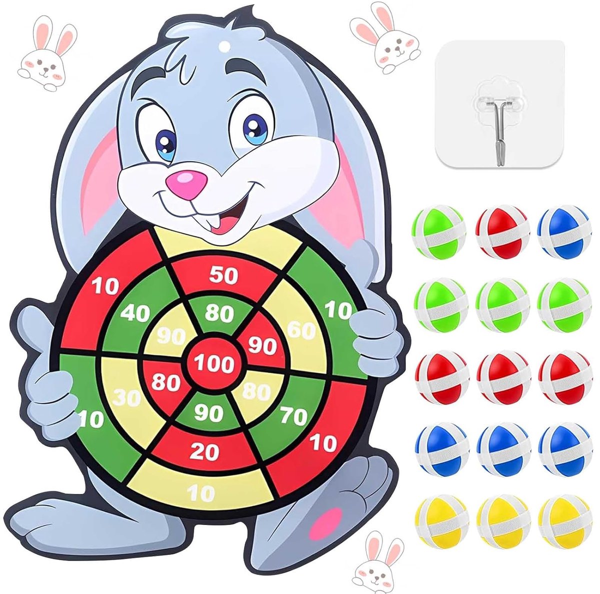 TRANKIELO® - Dartbord voor Kinderen met Paashazen Design - Binnen en Buiten Werpset Speelgoed - 28x42 cm - Klittenband Ballen en Zelfklevend Haken Inbegrepen