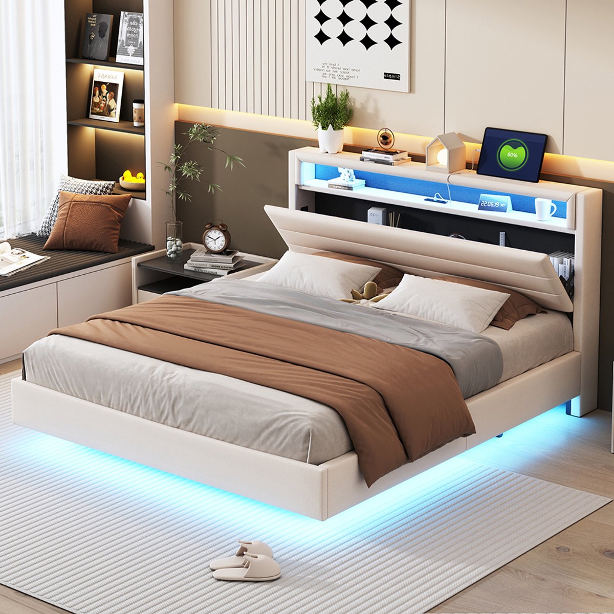 Pugsdrly Opbergbed 160x200 cm met USB-aansluiting en LED-verlichting, omkeerbaar hoofdeinde, verborgen voeteneinde, dubbel vlak bed, jeugdbed, volwassen bed, linnen stof beige