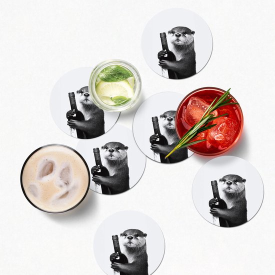 Sous-verres de verre ronds pour bouteilles de vin - Motif loutre - Zwart - 10 x 10 cm - Lot de 6