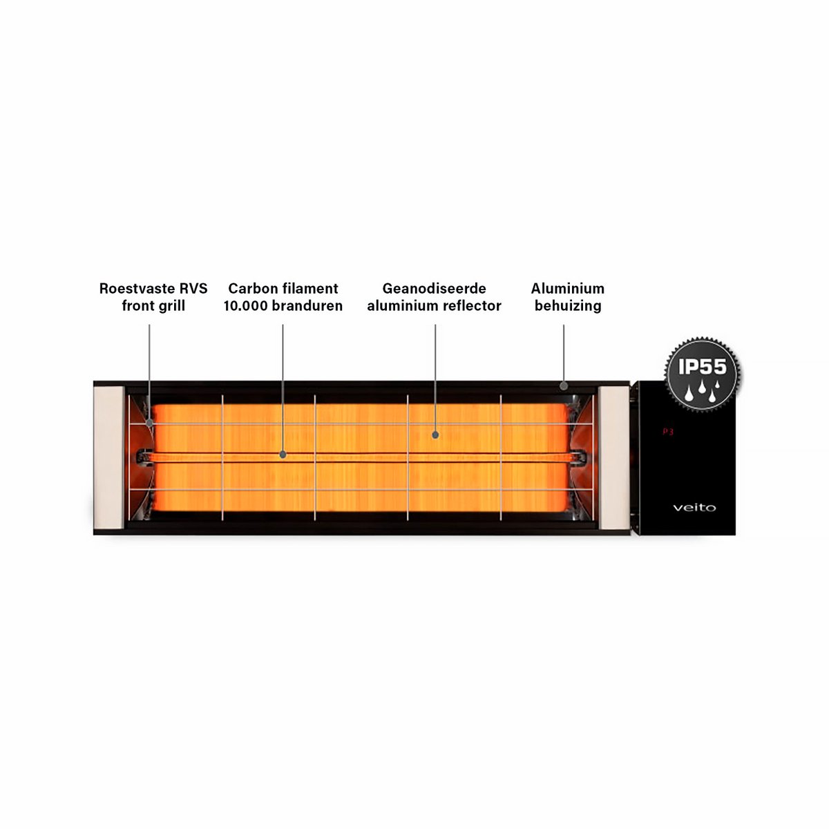 Veito Nevada R 2420 Infrarood Binnen- en Terrasverwarmer – max. 2000W | Binnen & Buiten | Afstandsbediening | Carbon Element | IP55 | RVS Grill
