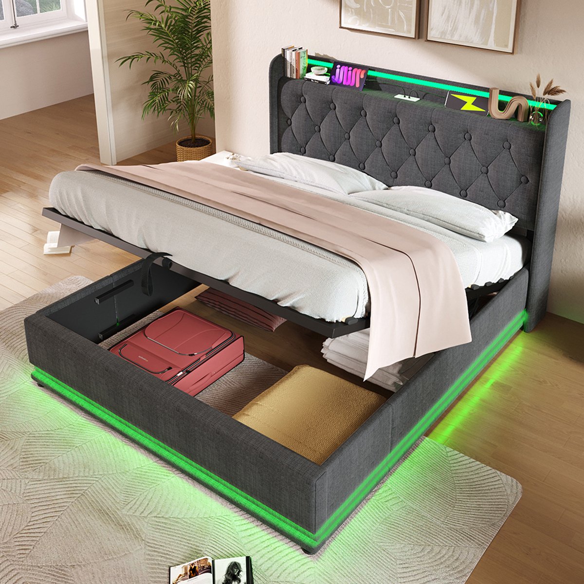 Pugsdrly Gestoffeerd bed tweepersoonsbed, 360° surround LED-functie, drukknop/app/afstandsbediening, 140*200 cm, grijs linnenmateriaal Hydraulisch bedframe, gestoffeerd hoofdeinde met USB-type C-oplaadfunctie (zonder matras)