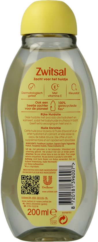 Zwitsal rijke huidolie met avocado-olie en vitamine E, dermatologisch getest, 200ml, 100% gerecyclede fles.