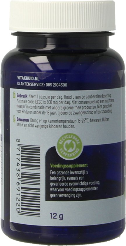 Blauw flesje met witte dop, met etiket met gebruiksinstructies, waarschuwingen en recyclebare verpakking logo.