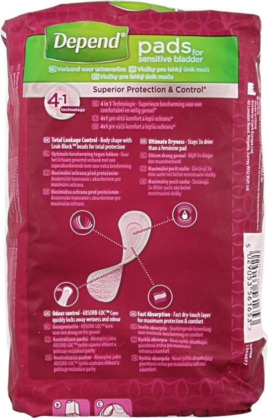 Depend pads voor gevoelige blaas met 4-in-1 technologie, 'Superior Protection & Control', 14 stuks.