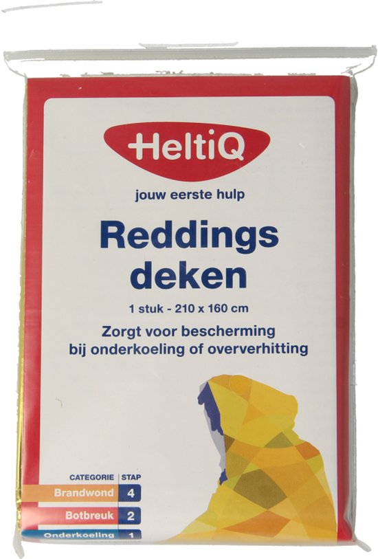 HeltiQ Reddingsdeken, 210 x 160 cm. Beschermt tegen onderkoeling of oververhitting. Zie achterzijde voor gebruik.