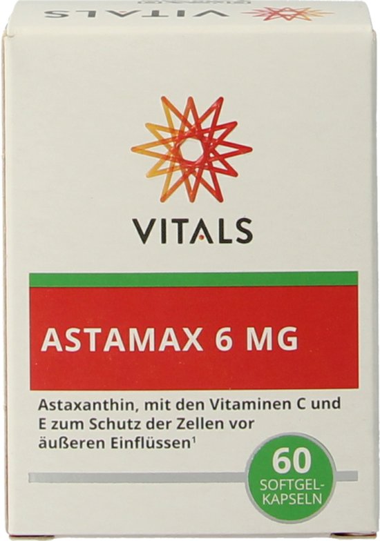 Vitals Astamax 6 mg verpakking. Bevat astaxanthine, met vitamine C en E ter bescherming van cellen tegen invloeden van buitenaf.